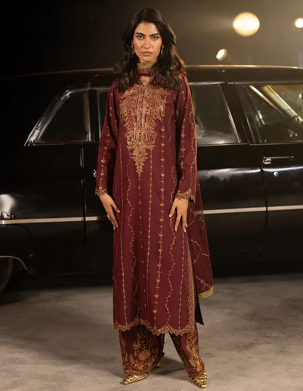 Maroon Heavy Faux Georgette Embroidered Pakistani Salwar Suit