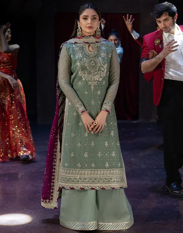 Dusty Green Heavy Faux Georgette Embroidery Work Pakistani Suit