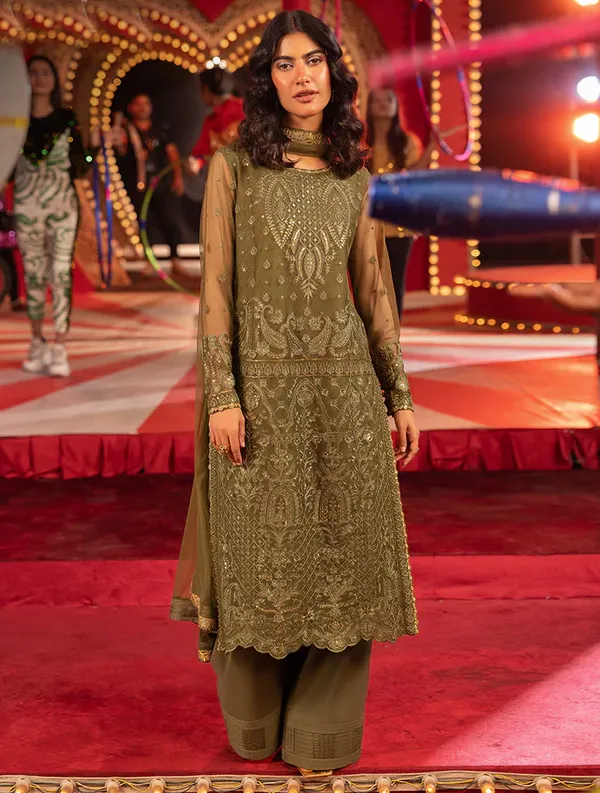 Olive Green Heavy Faux Georgette Embroidery Work Pakistani Suit