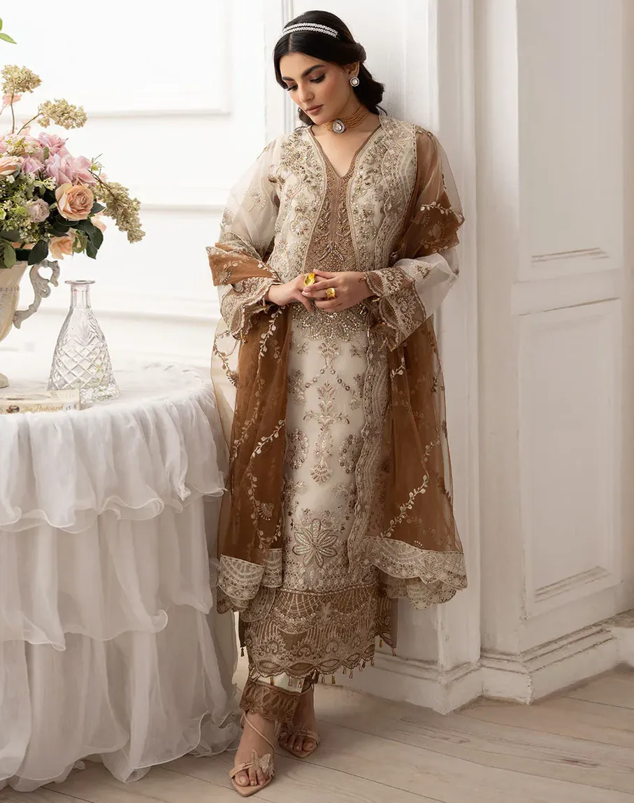 Beige Heavy Faux Georgette Embroidery Work Pakistani Suit