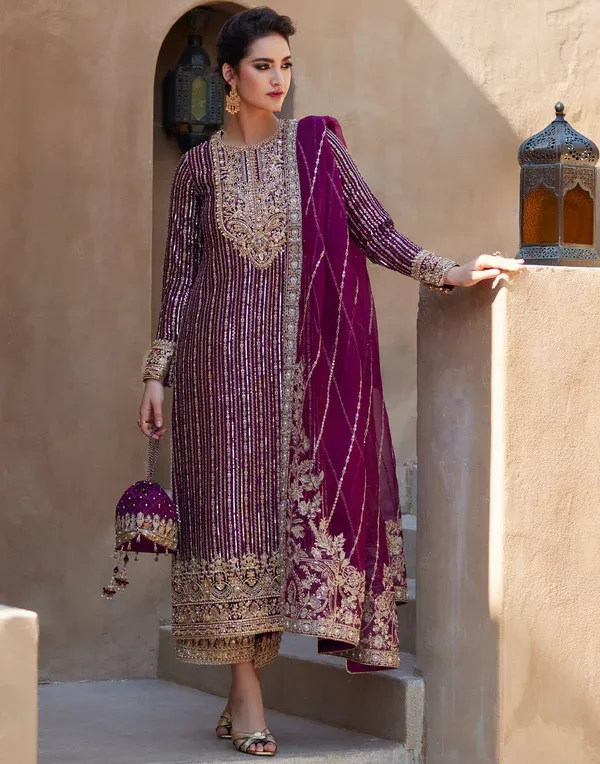 Wine Heavy Faux Georgette Embroidery Work Pakistani Suit