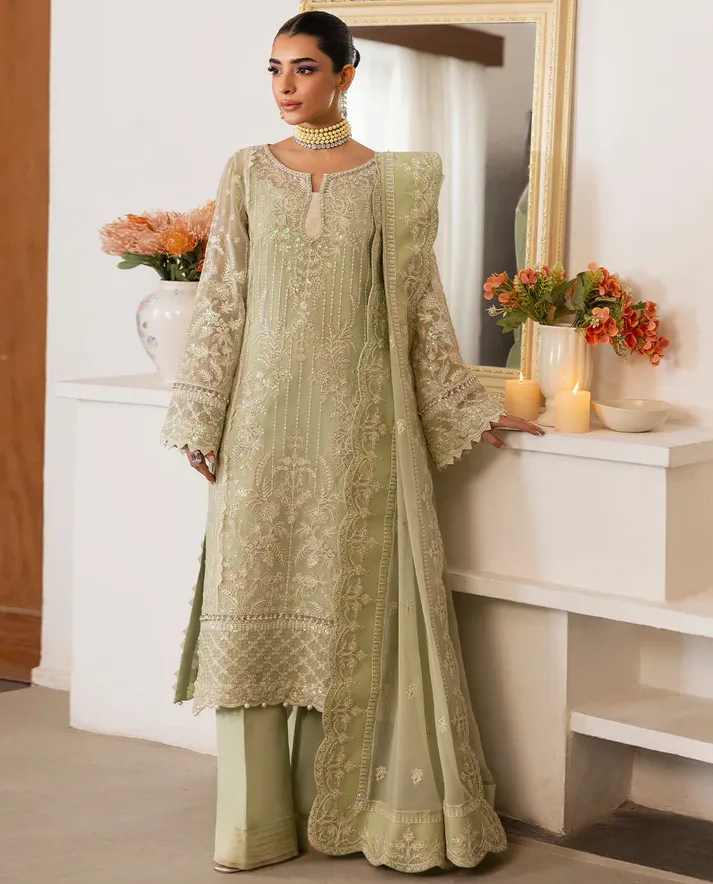 Light Green Heavy Faux Georgette Embroidered Pakistani Suit