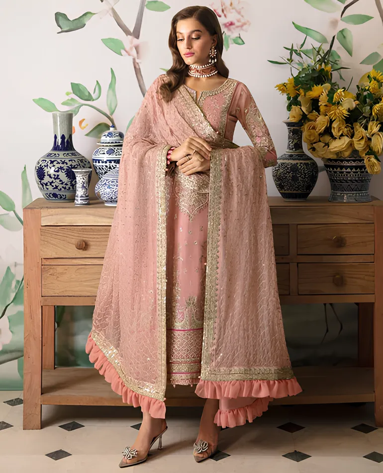Pink Heavy Faux Georgette Embroidered Pakistani Salwar Suit