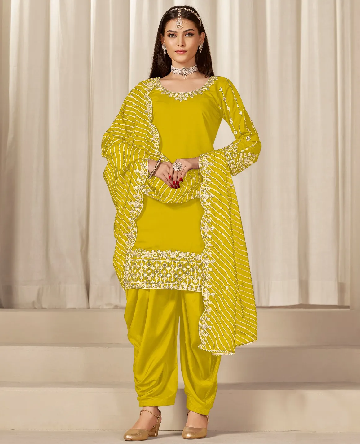 Yellow Roman Silk Mirror Work Embroidered Patiala Suit
