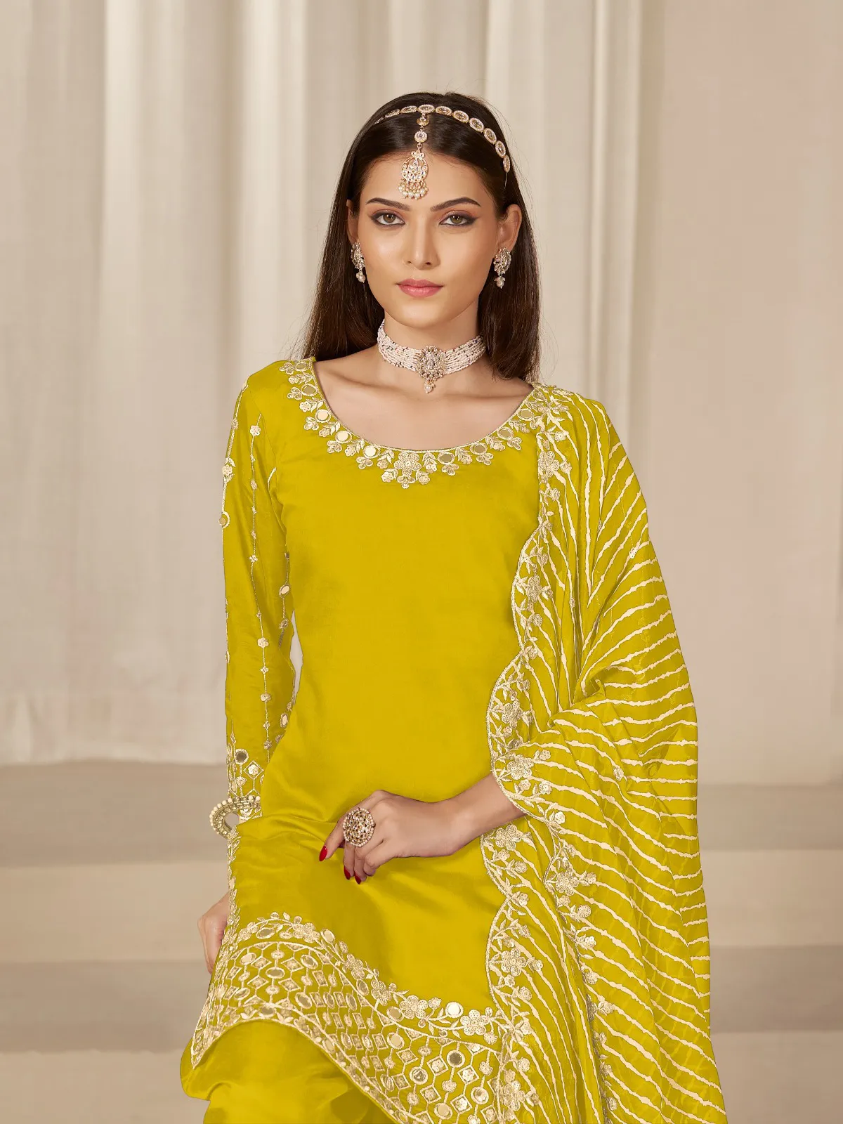 Yellow Roman Silk Mirror Work Embroidered Patiala Suit - Image 2