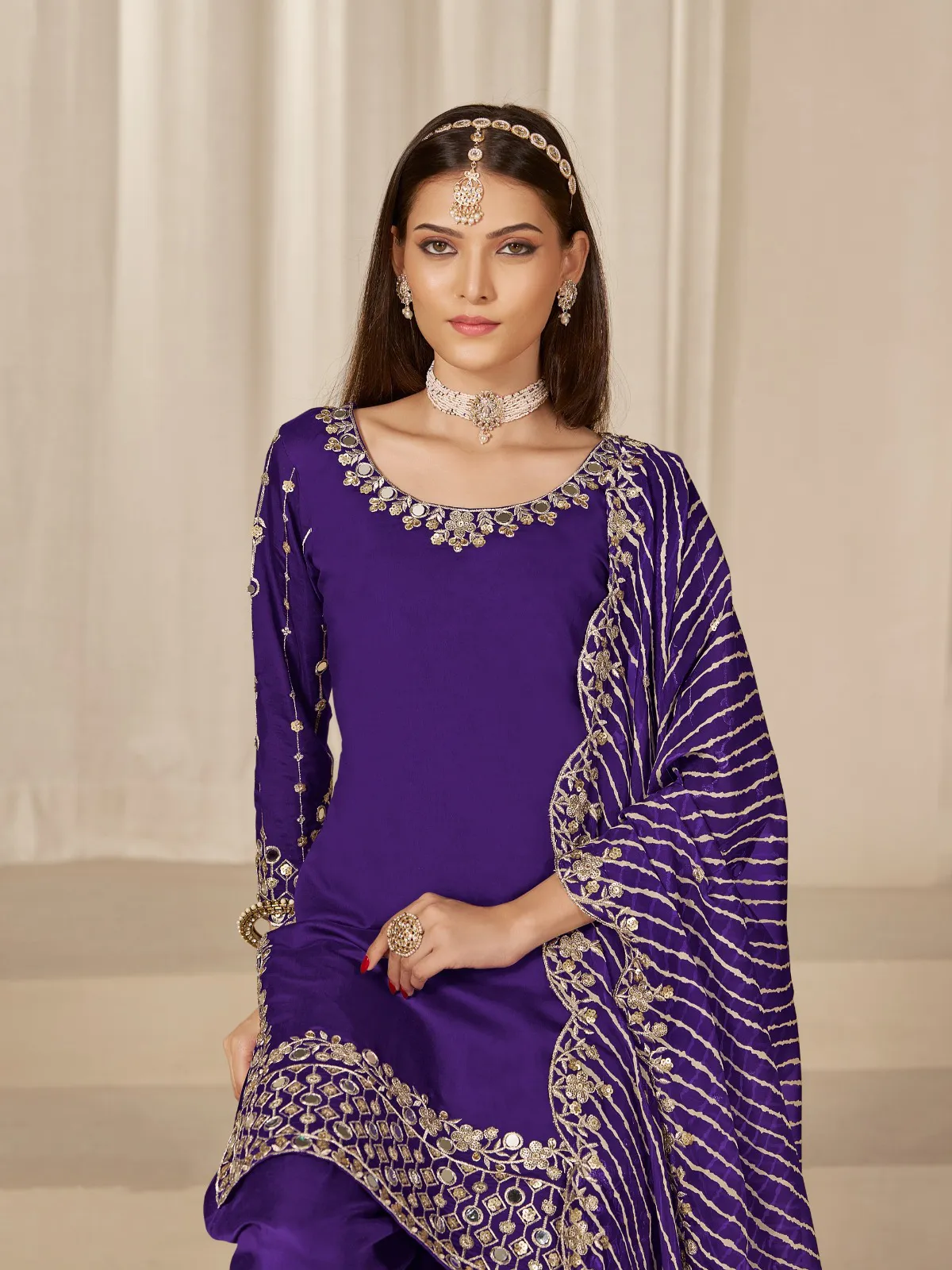 Violet Roman Silk Mirror Work Embroidered Patiala Suit - Image 2