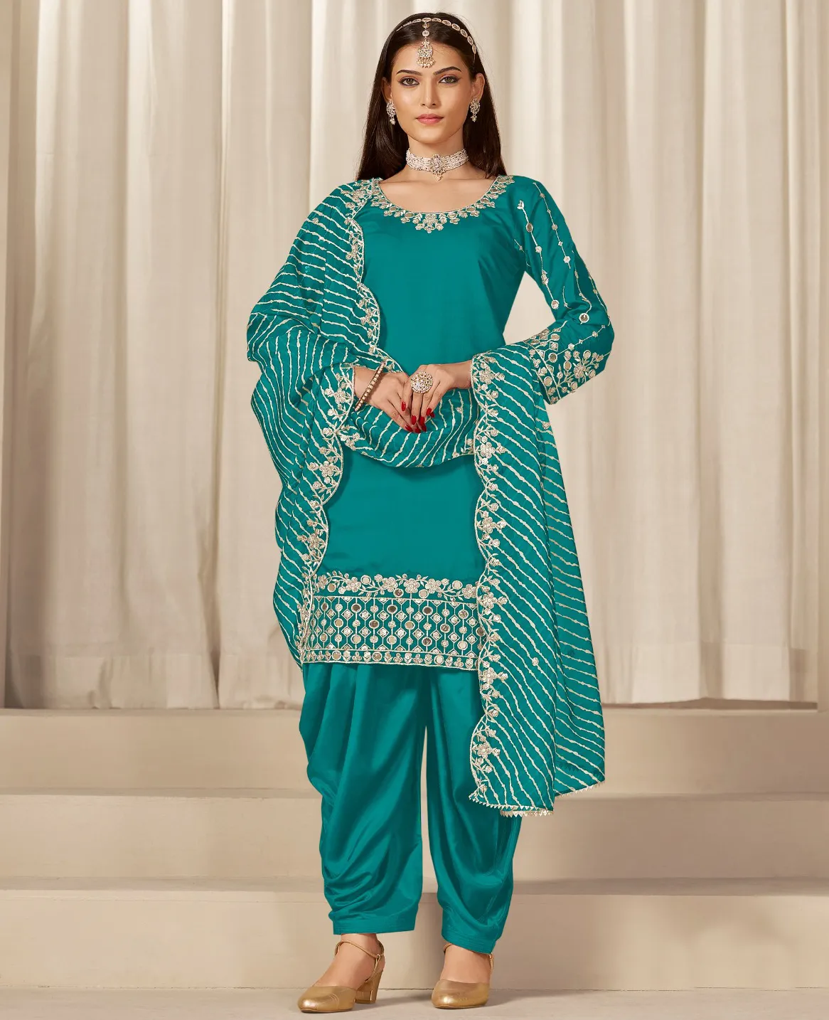 Teal Green Roman Silk Mirror Work Embroidered Patiala Suit
