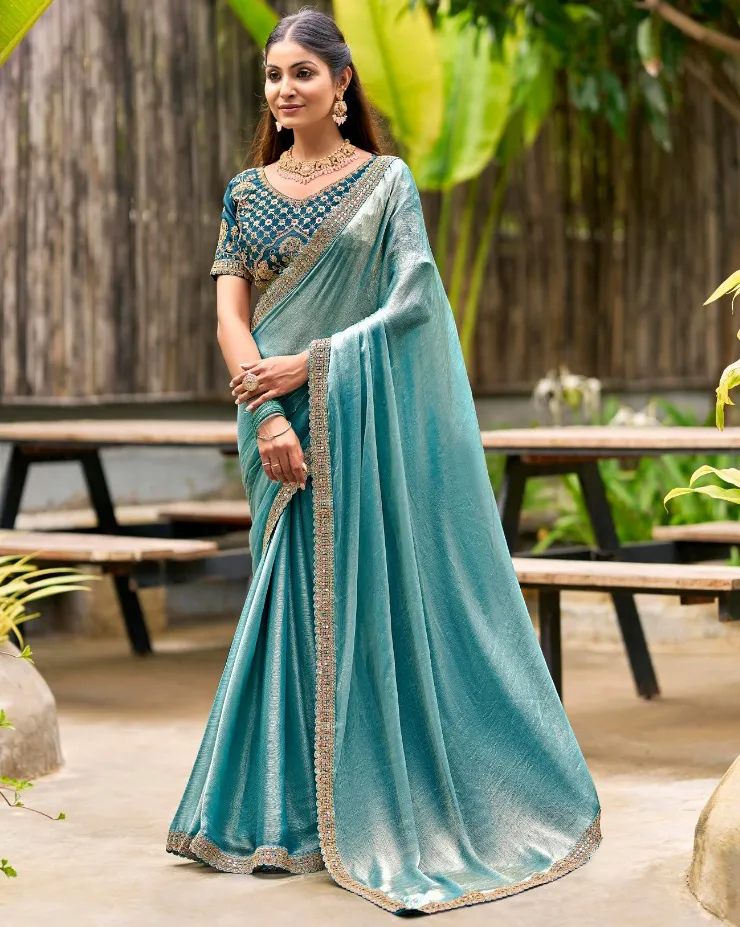 Sky Blue Chiffon Border Work Saree With Heavy Embroidered Blouse