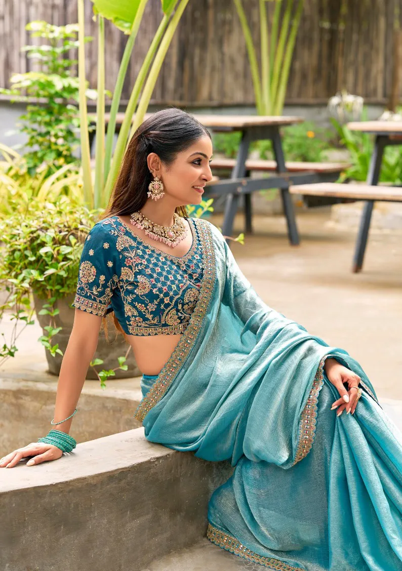 Sky Blue Chiffon Border Work Saree With Heavy Embroidered Blouse - Image 2