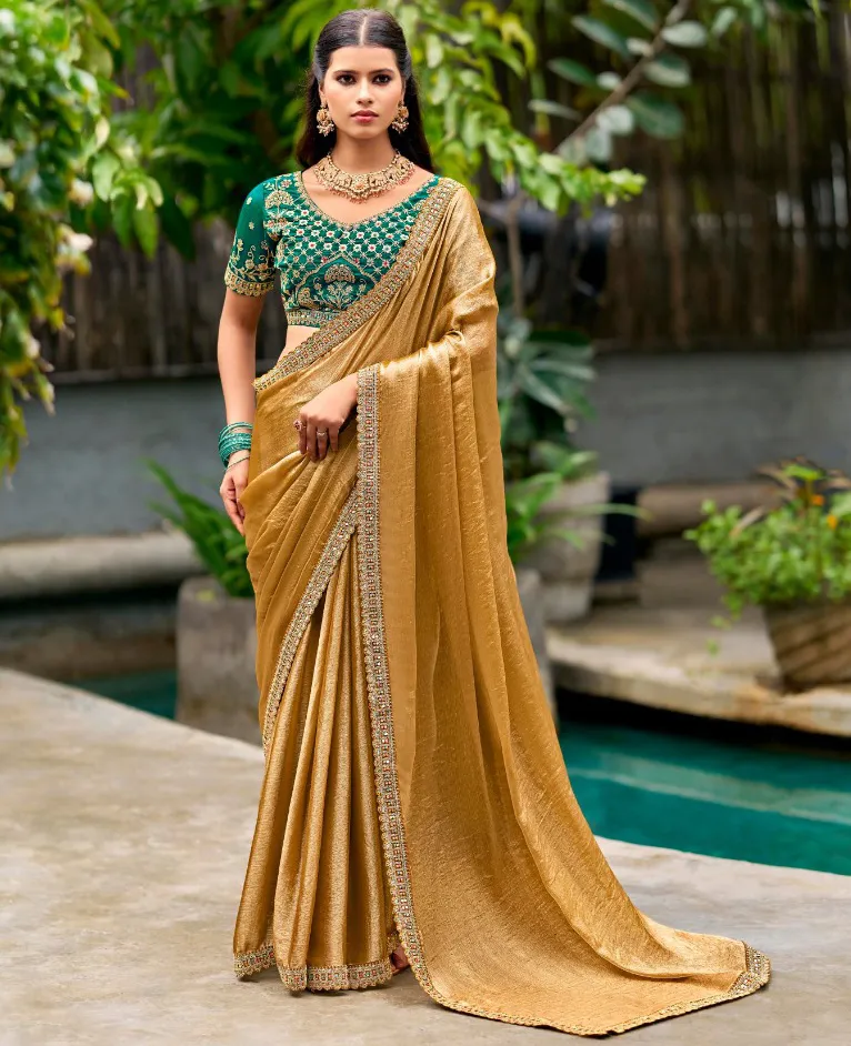 Mustard Chiffon Border Work Saree With Heavy Embroidered Blouse