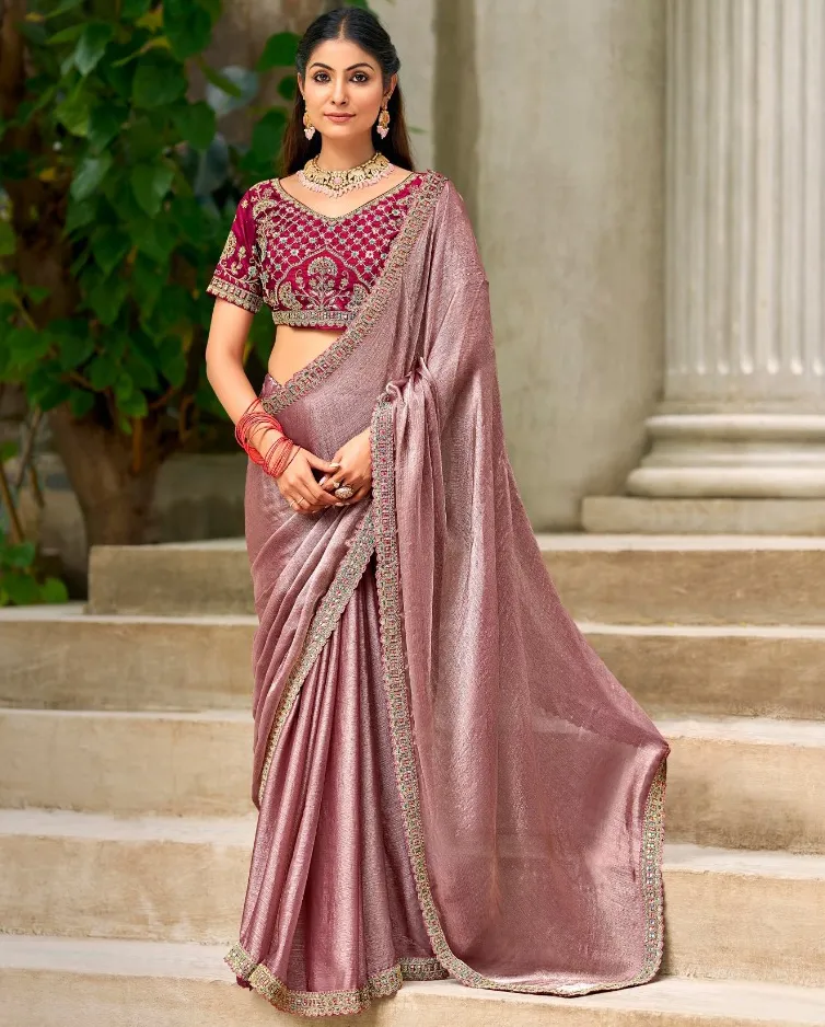 Mauve Chiffon Border Work Saree With Heavy Embroidered Blouse