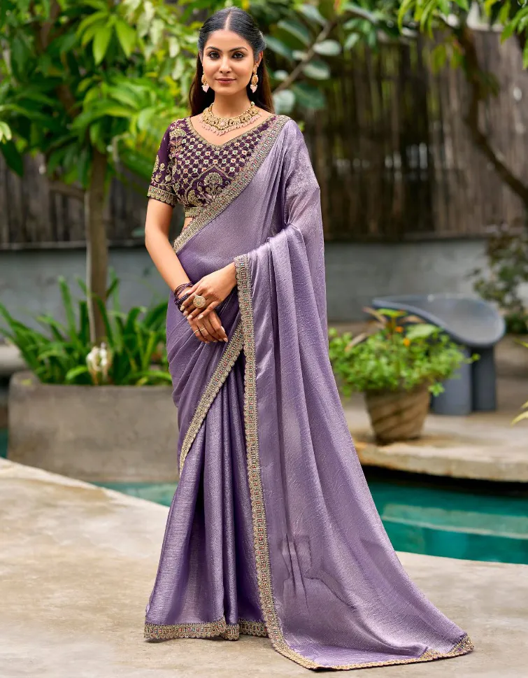 Lavender Chiffon Border Work Saree With Heavy Embroidered Blouse