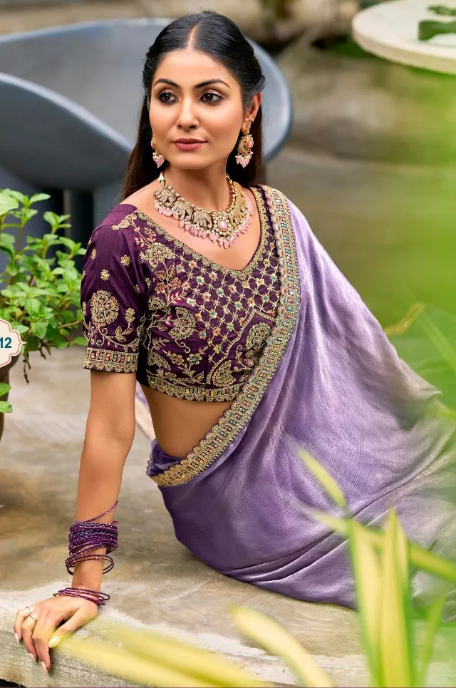 Lavender Chiffon Border Work Saree With Heavy Embroidered Blouse - Image 2