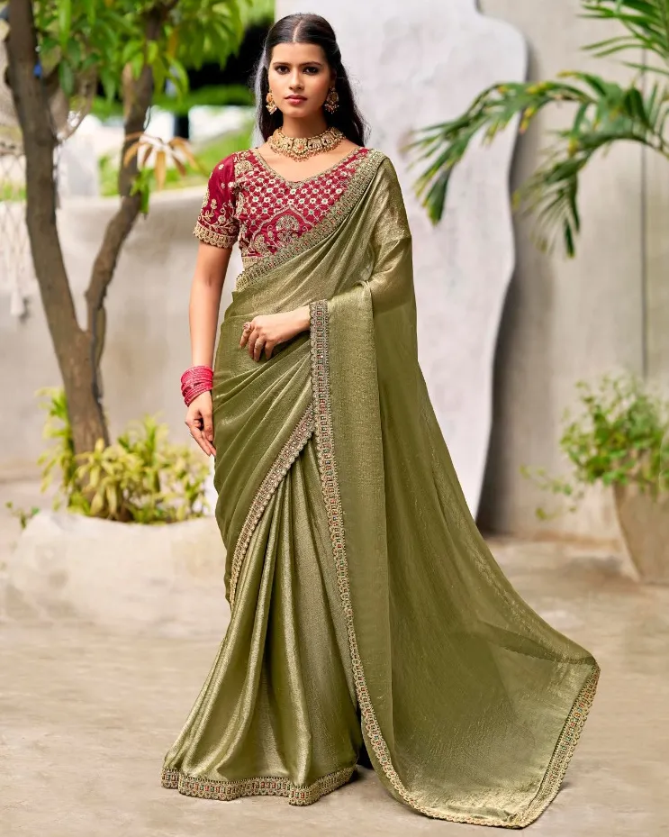 Olive Green Chiffon Border Work Saree With Heavy Embroidered Blouse