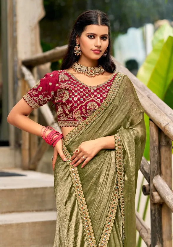 Olive Green Chiffon Border Work Saree With Heavy Embroidered Blouse - Image 2