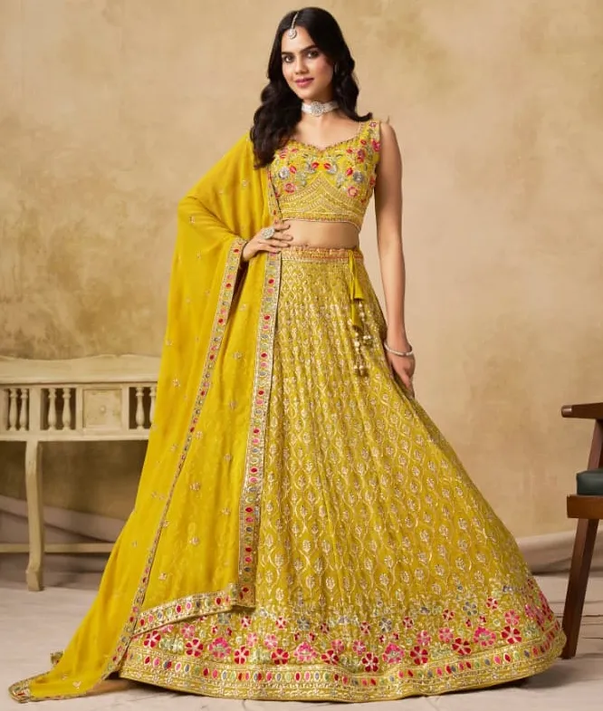 Yellow Georgette Sequins Thread Embroidered Designer Lehenga