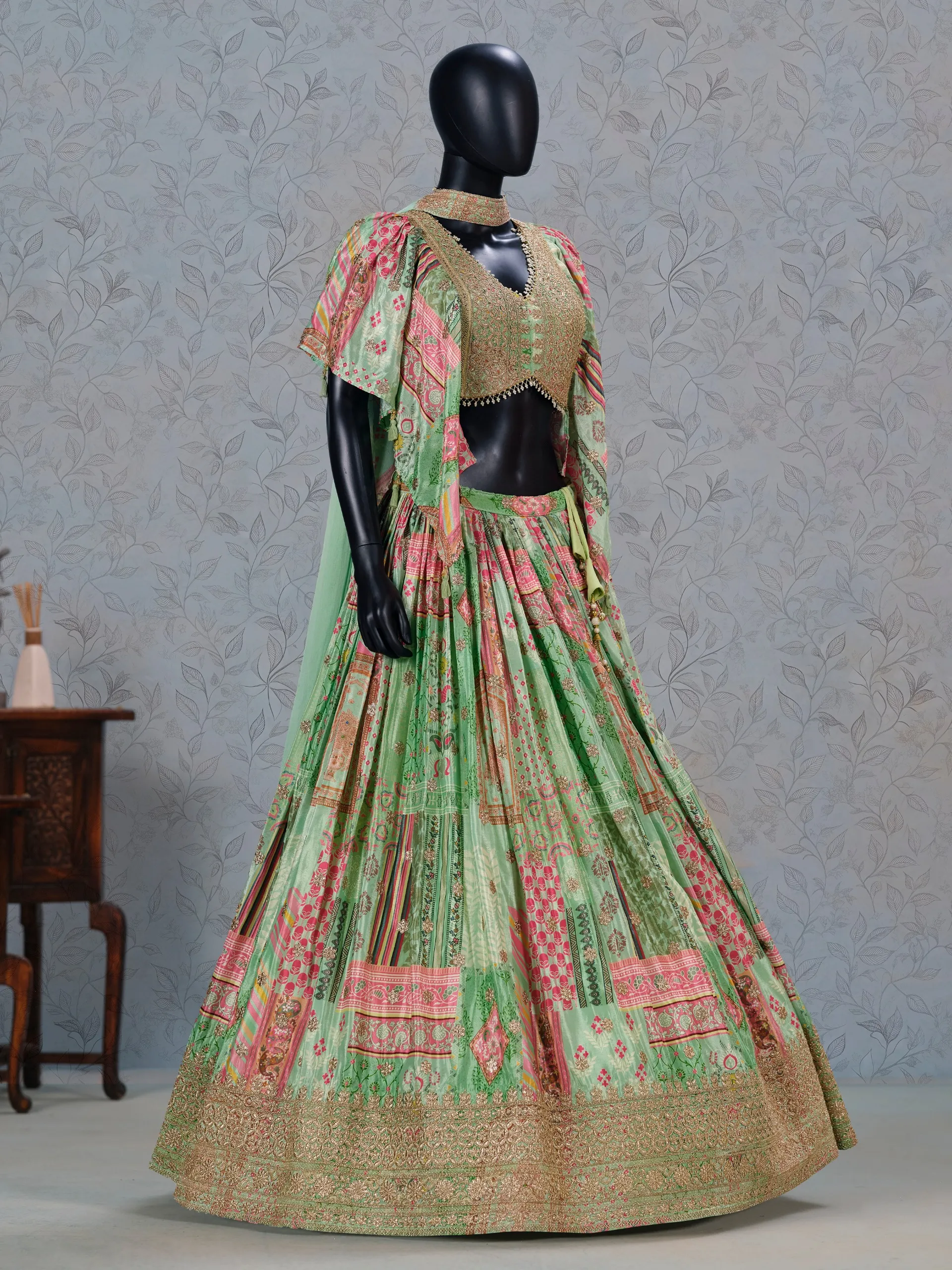 Light Green Chinon Silk Patchwork Printed Partywear Lehenga - Image 3