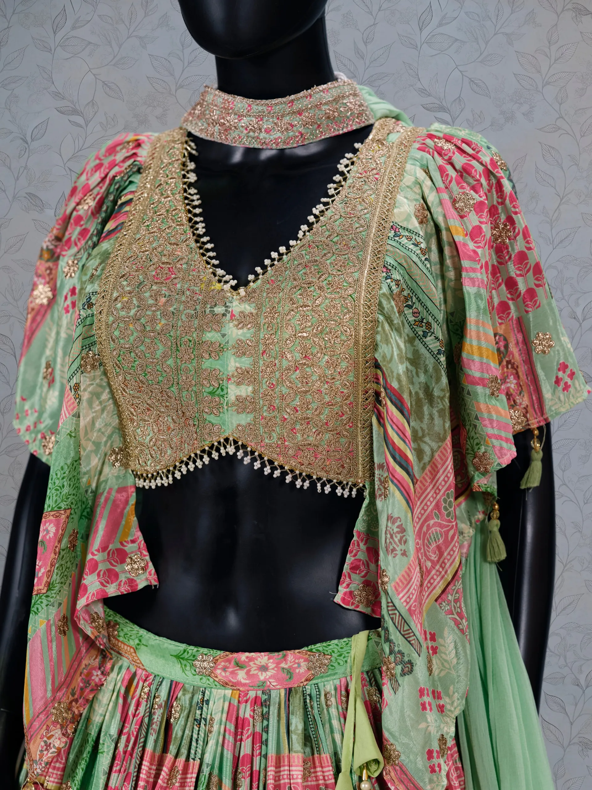 Light Green Chinon Silk Patchwork Printed Partywear Lehenga - Image 4