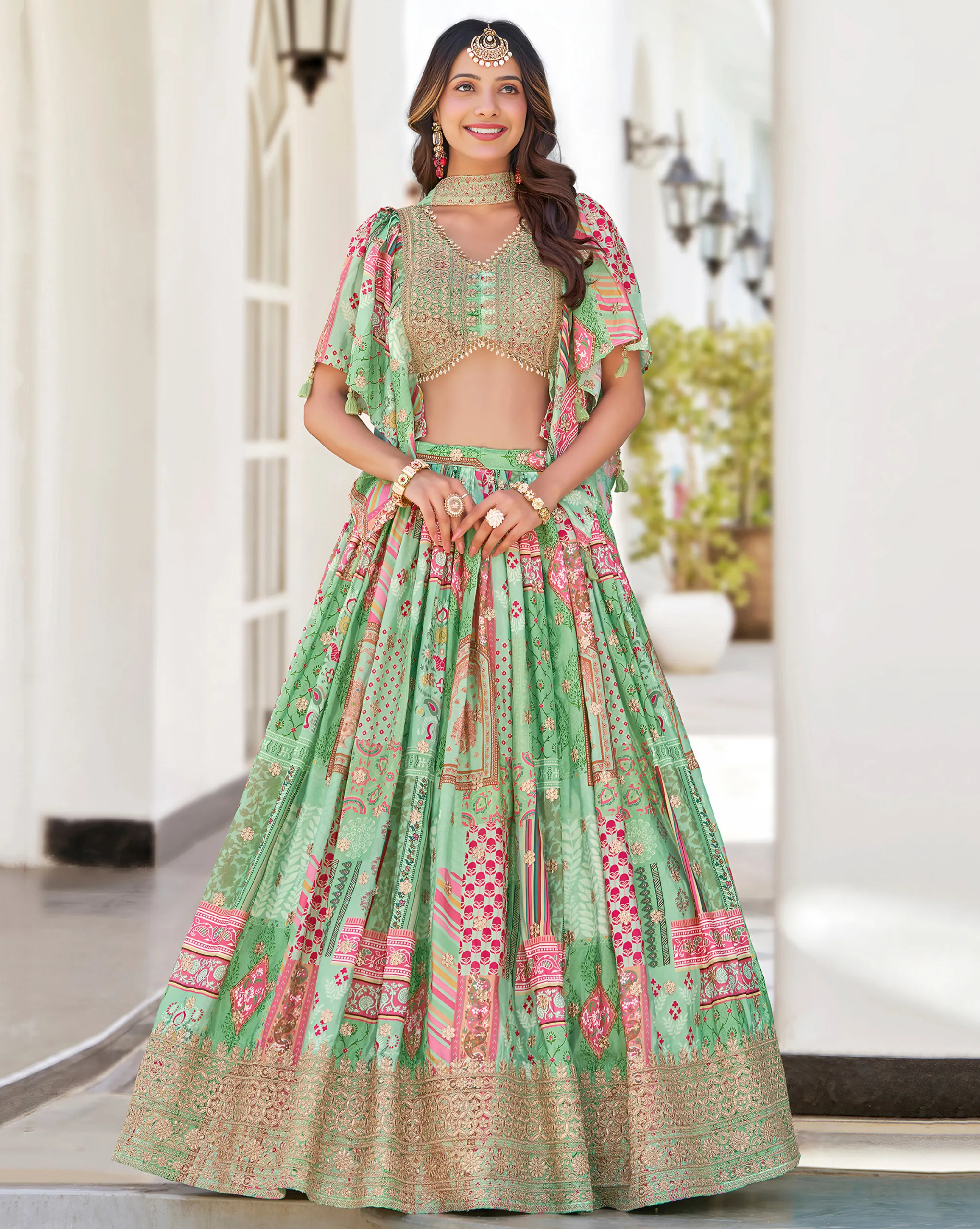 Light Green Chinon Silk Patchwork Printed Partywear Lehenga