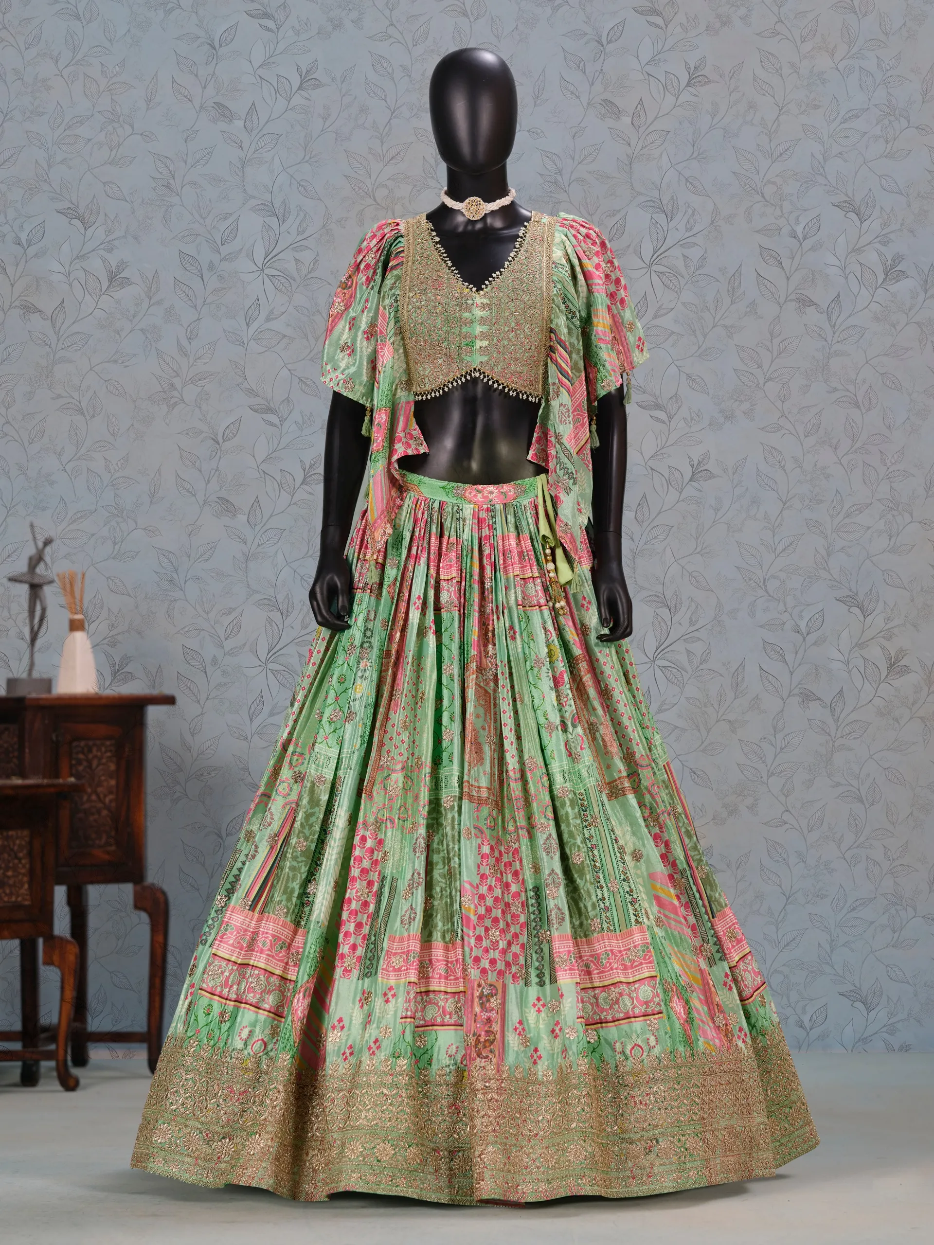 Light Green Chinon Silk Patchwork Printed Partywear Lehenga - Image 2