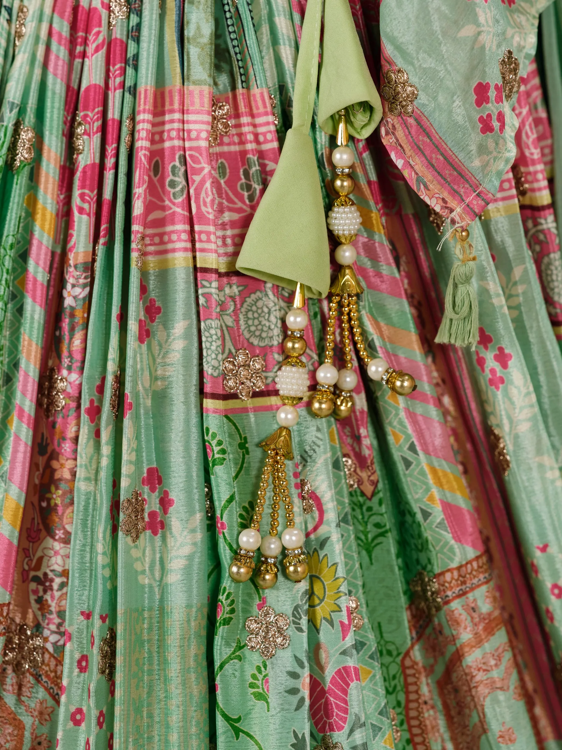 Light Green Chinon Silk Patchwork Printed Partywear Lehenga - Image 5