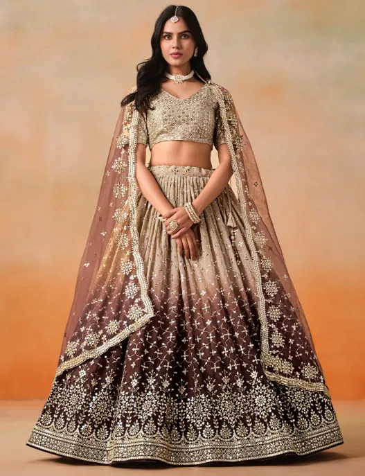 Beige And Brown Georgette Thread Embroidered Partywear Lehenga