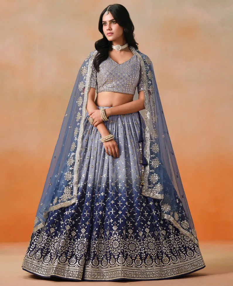 Navy Blue Georgette Thread Embroidered Partywear Lehenga