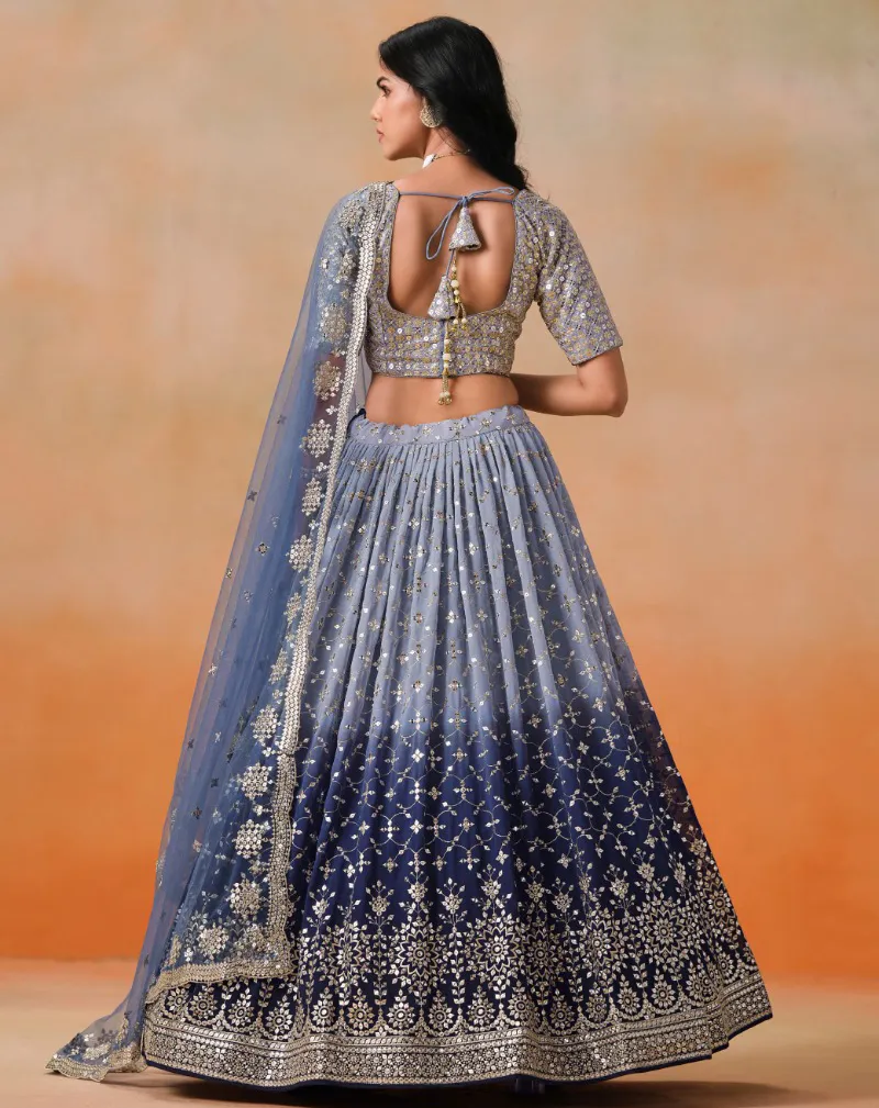 Navy Blue Georgette Thread Embroidered Partywear Lehenga - Image 2