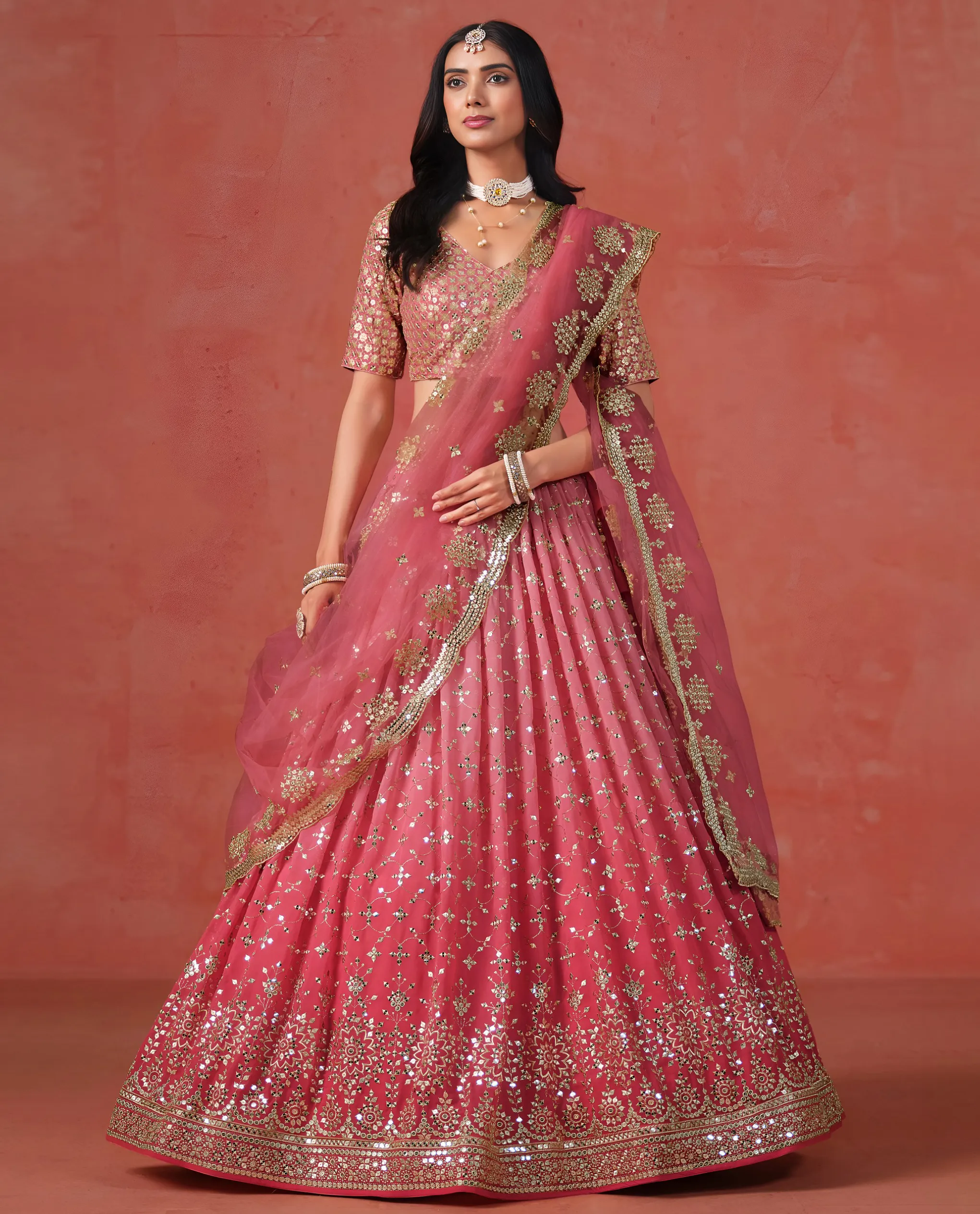 Peach Georgette Thread Embroidered Partywear Lehenga