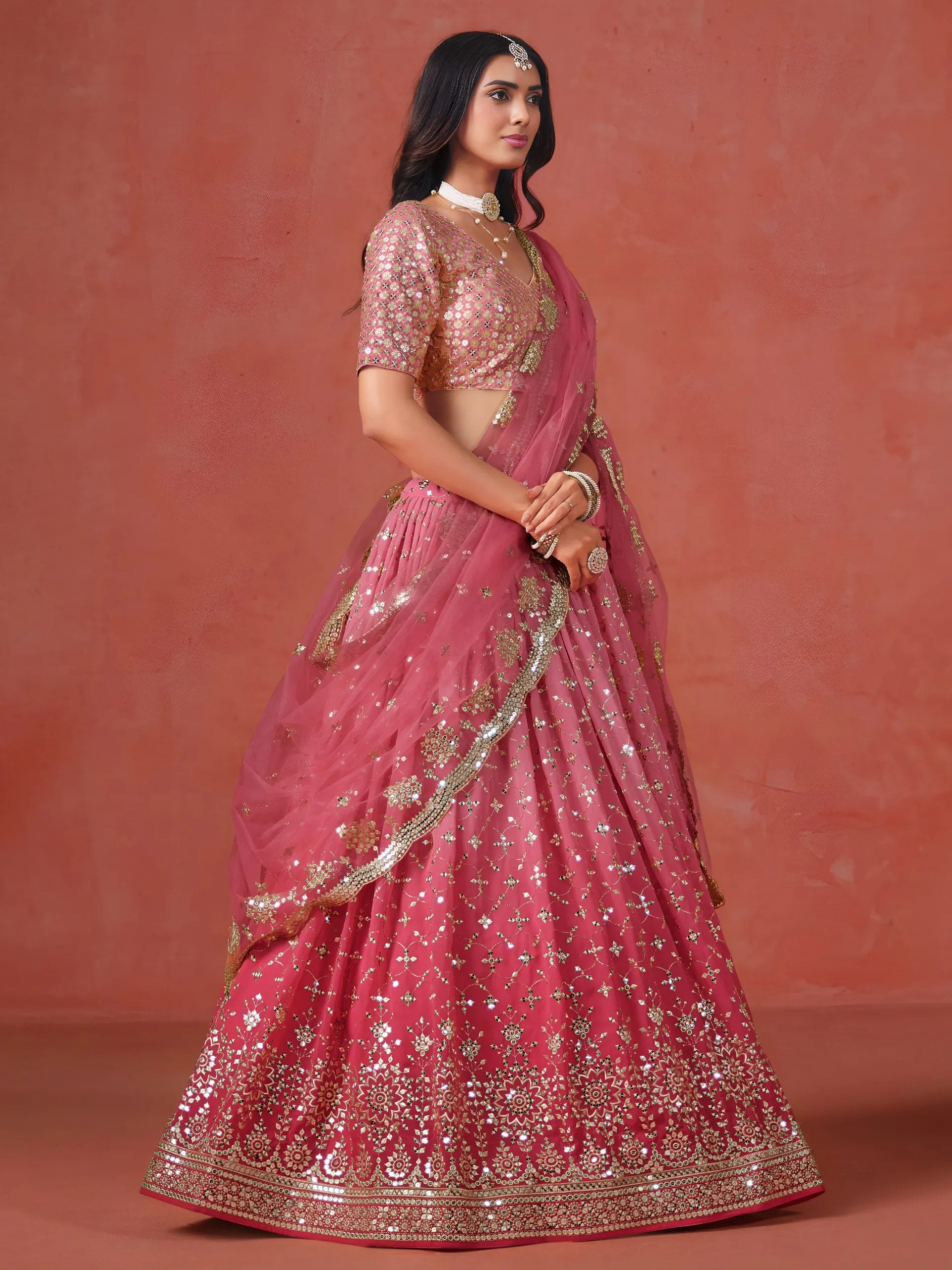 Peach Georgette Thread Embroidered Partywear Lehenga - Image 3