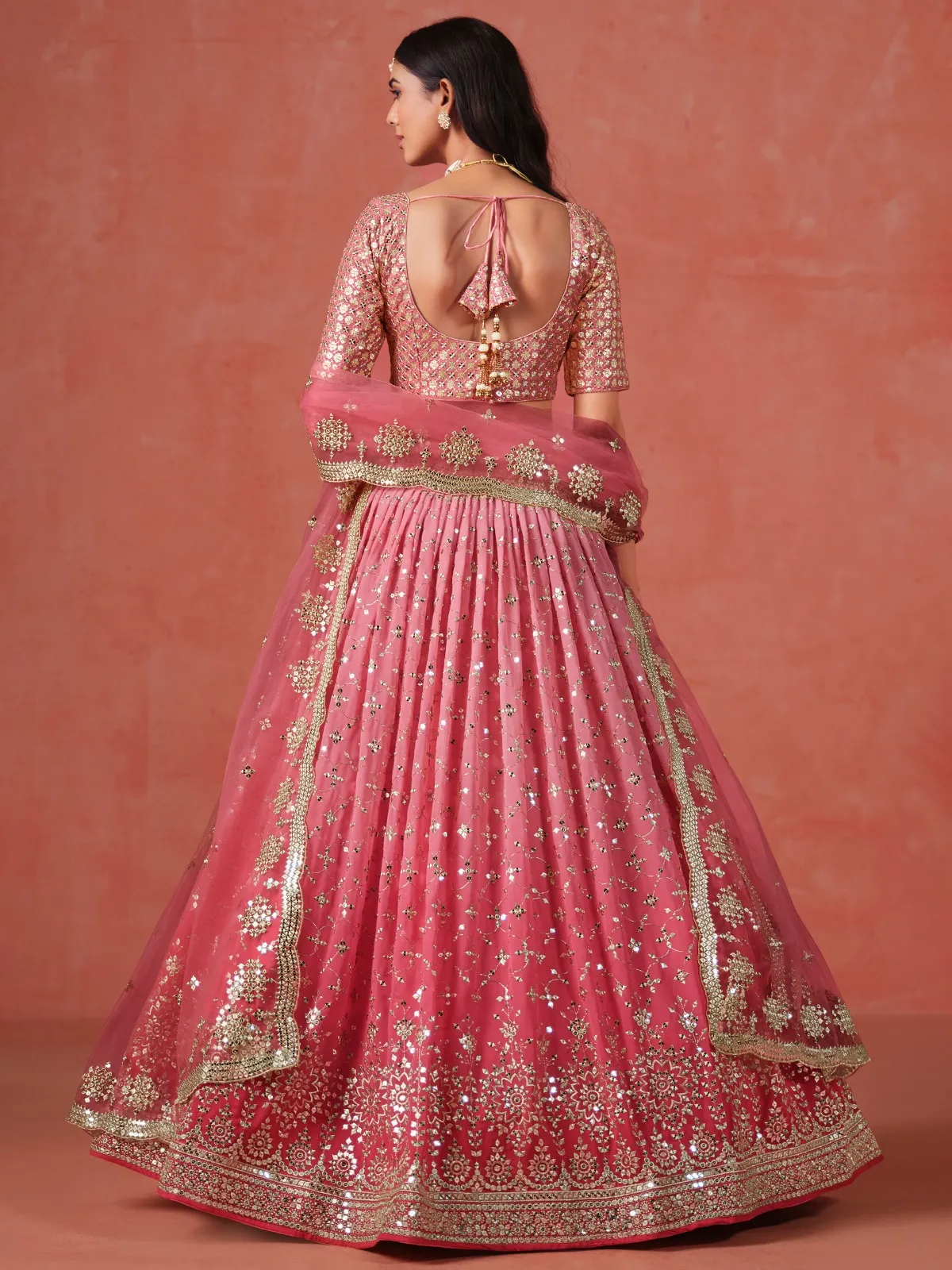 Peach Georgette Thread Embroidered Partywear Lehenga - Image 2