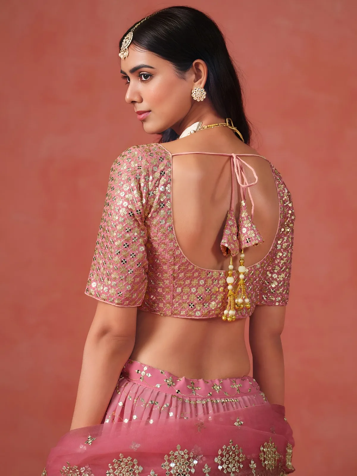 Peach Georgette Thread Embroidered Partywear Lehenga - Image 5