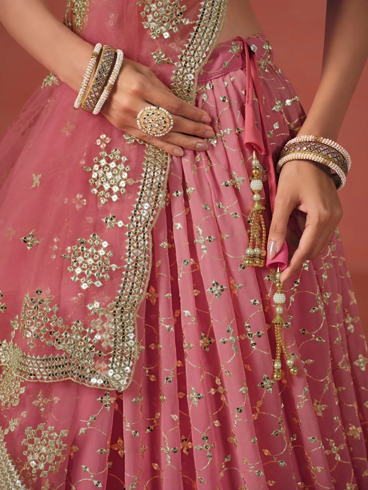 Peach Georgette Thread Embroidered Partywear Lehenga - Image 6