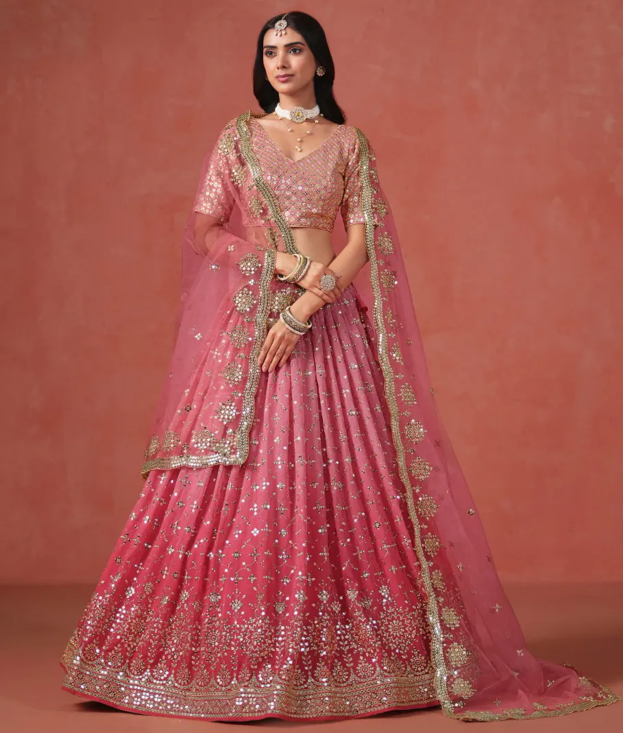 Pink Georgette Thread Embroidered Partywear Lehenga