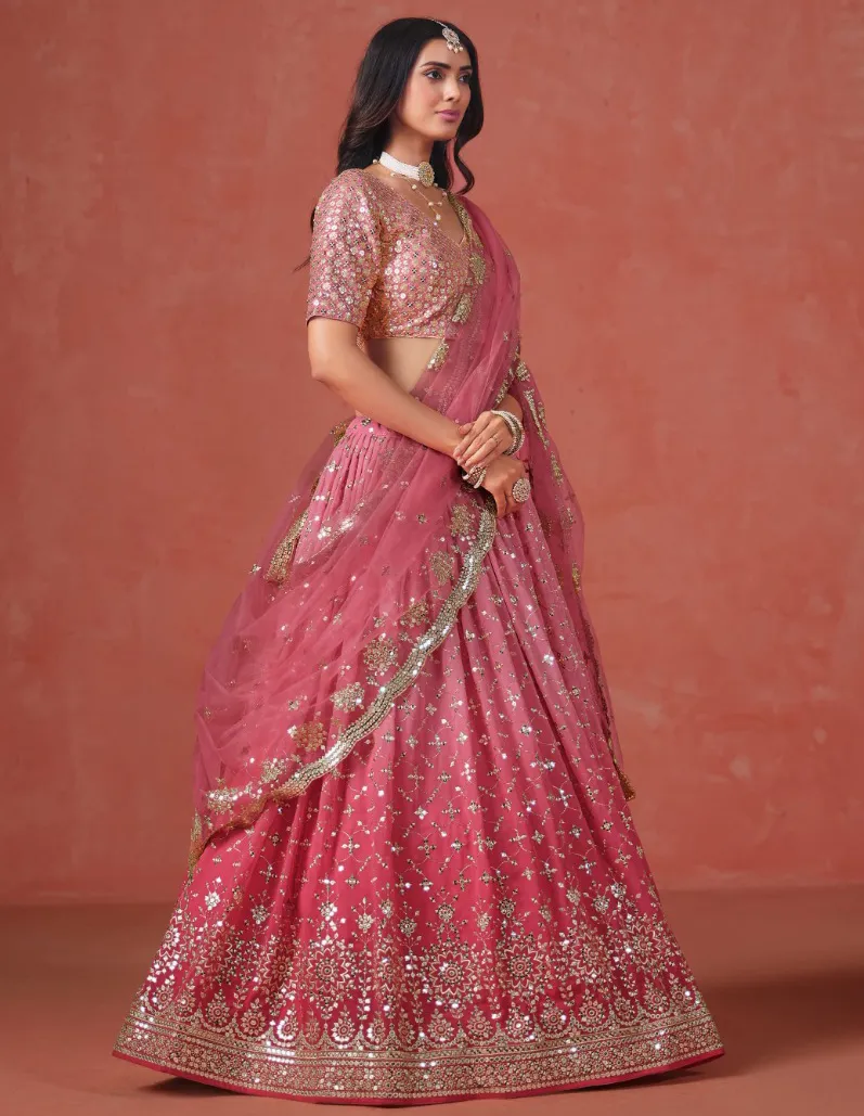 Pink Georgette Thread Embroidered Partywear Lehenga - Image 2