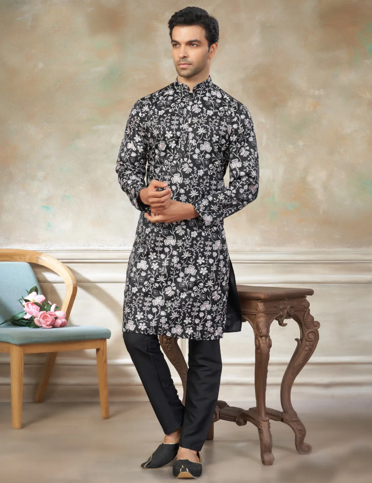 Black Pure Silk Sequins Embroidered Men's Kurta Pajama