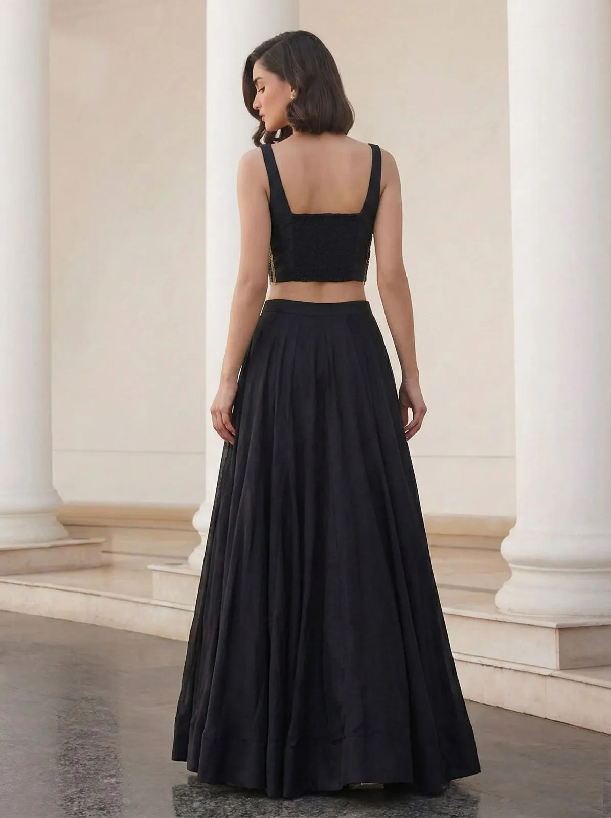 Black Soft Silk Jacquard Indo Western Readymade Lehenga - Image 3