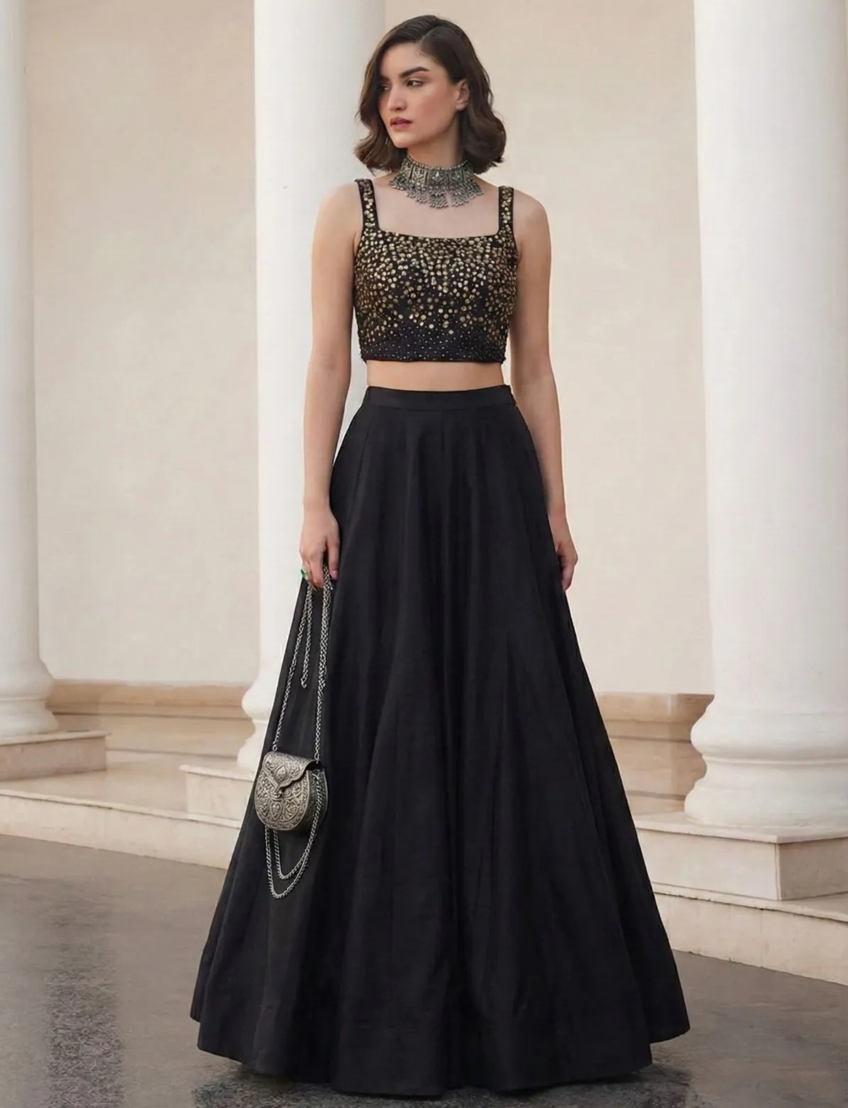 Black Soft Silk Jacquard Indo Western Readymade Lehenga