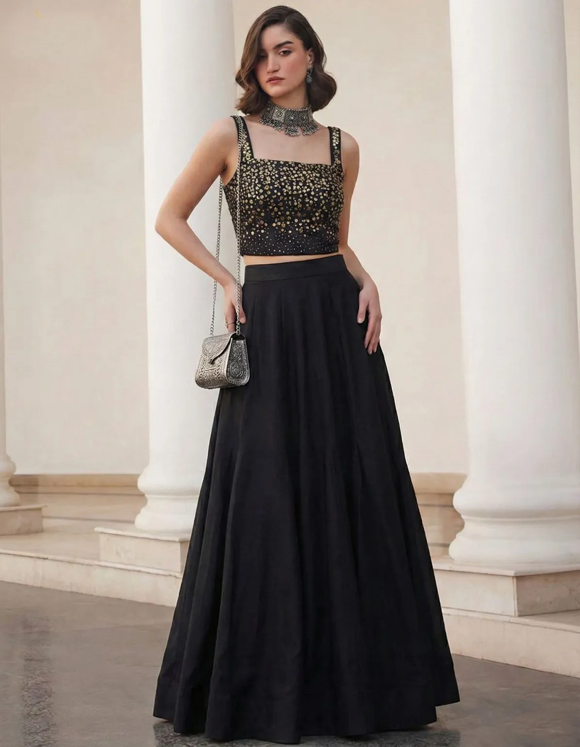 Black Soft Silk Jacquard Indo Western Readymade Lehenga - Image 2