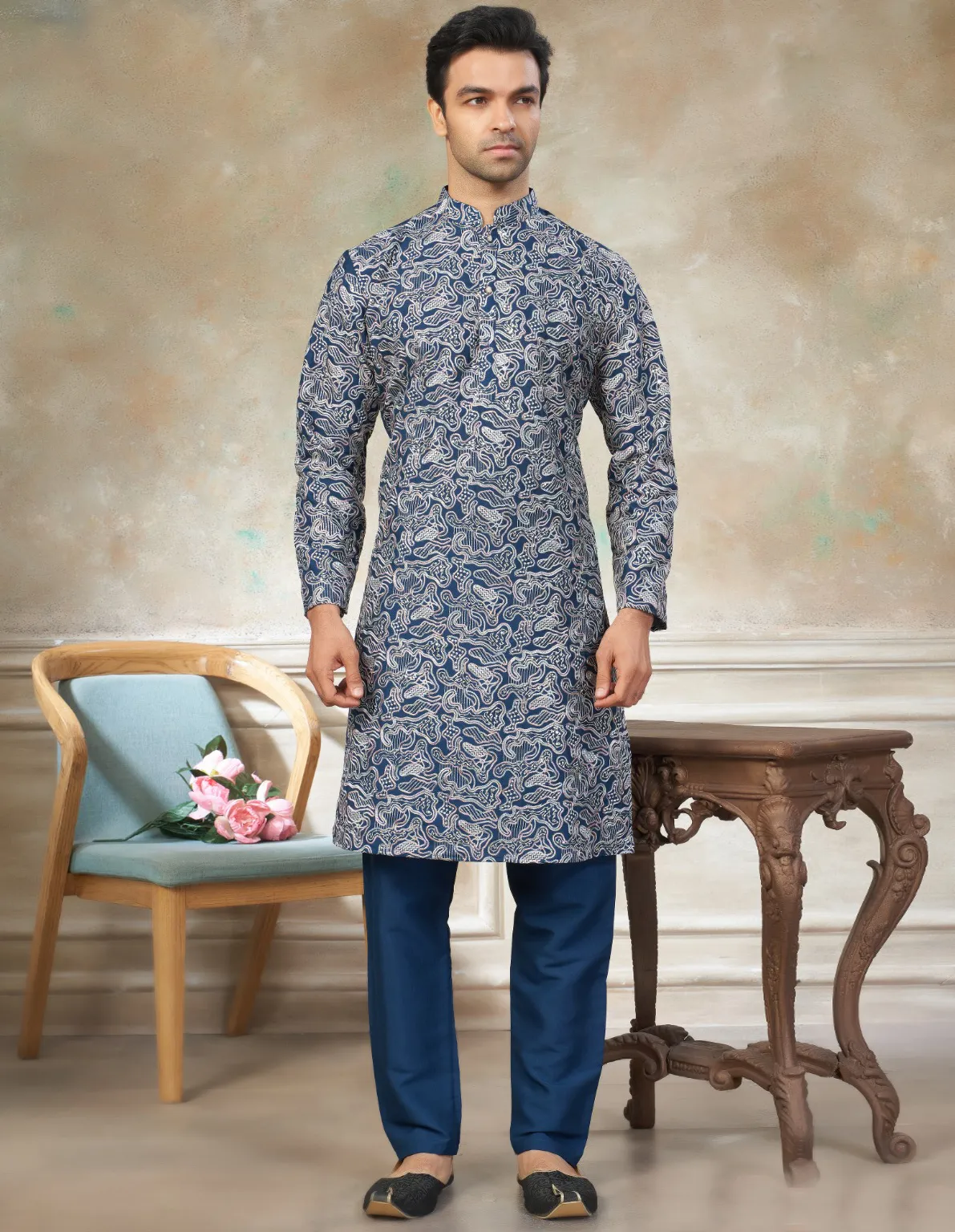 Blue Pure Silk Sequins Embroidered Men's Kurta Pajama