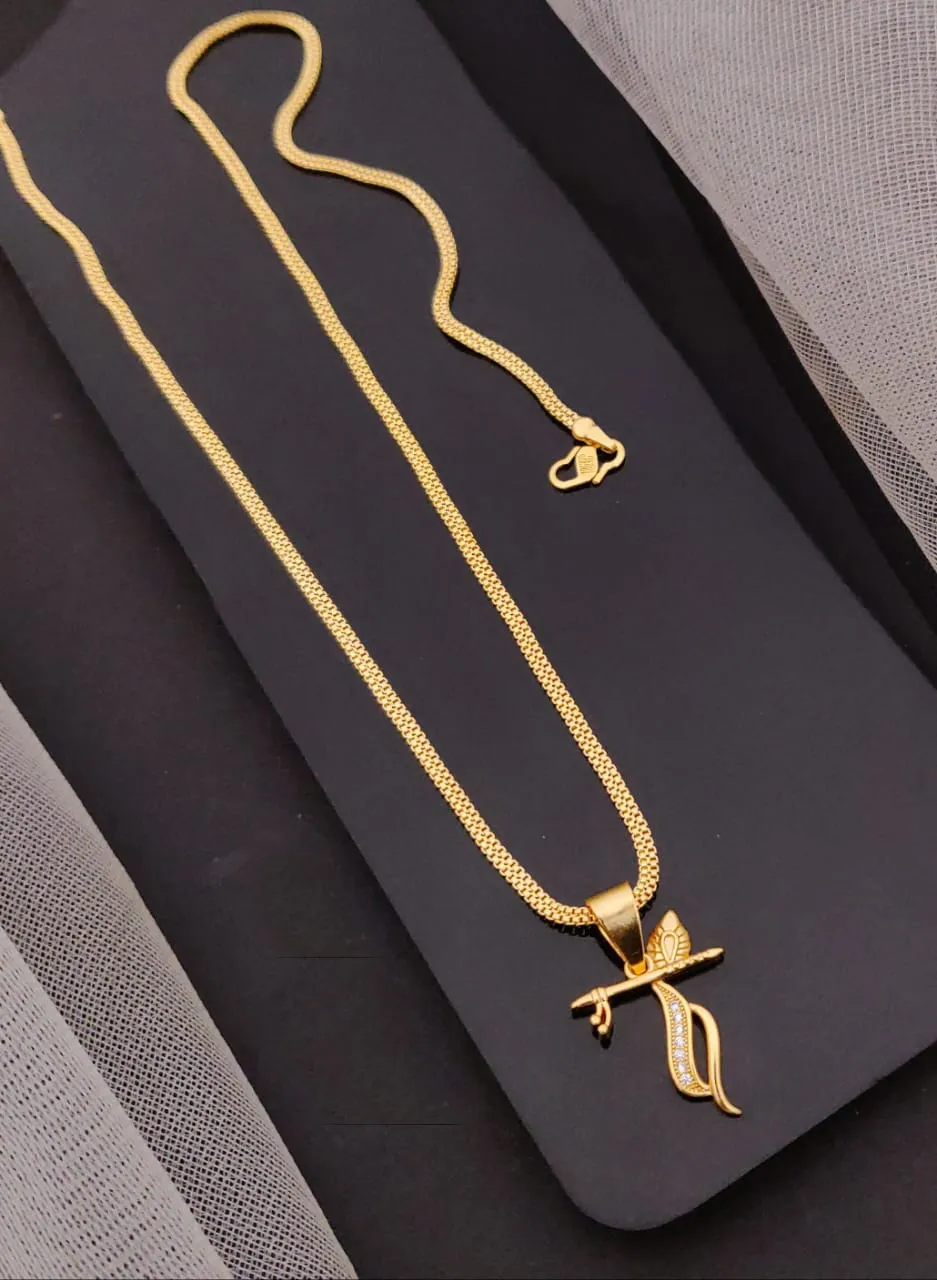 Designer Krishna Flute Fancy Gold-Plated Bansuri Chain Pendant
