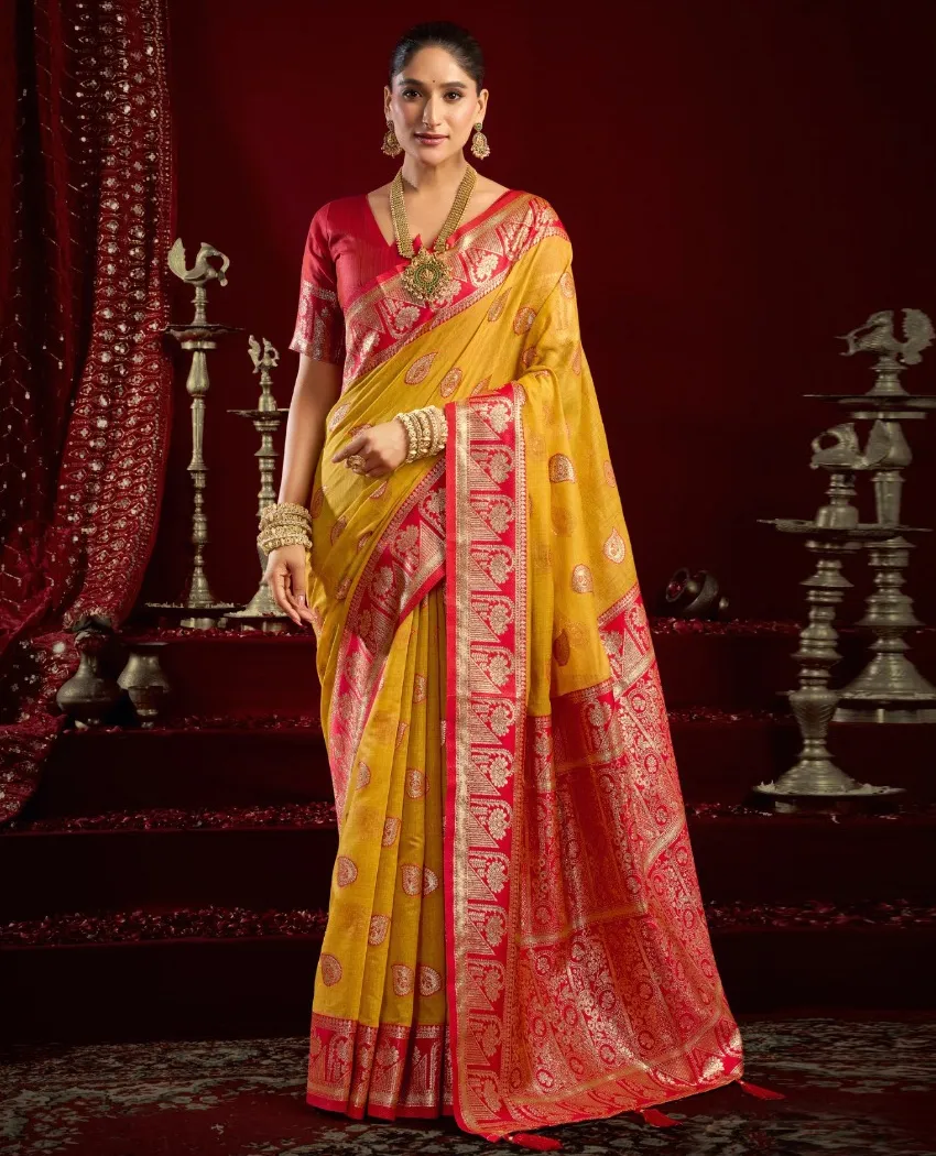 Yellow Fancy Modal Banarasi Traditional Saree With Tassels