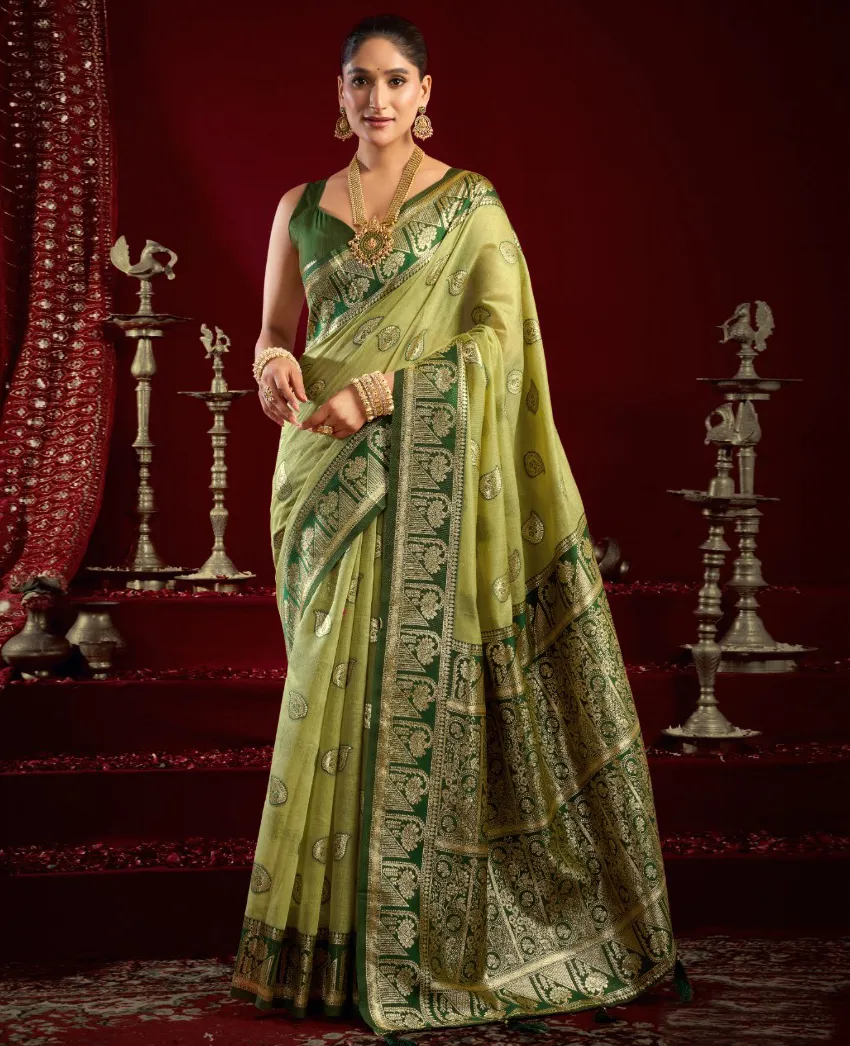 Light Green Fancy Modal Banarasi Traditional Saree With Tassels
