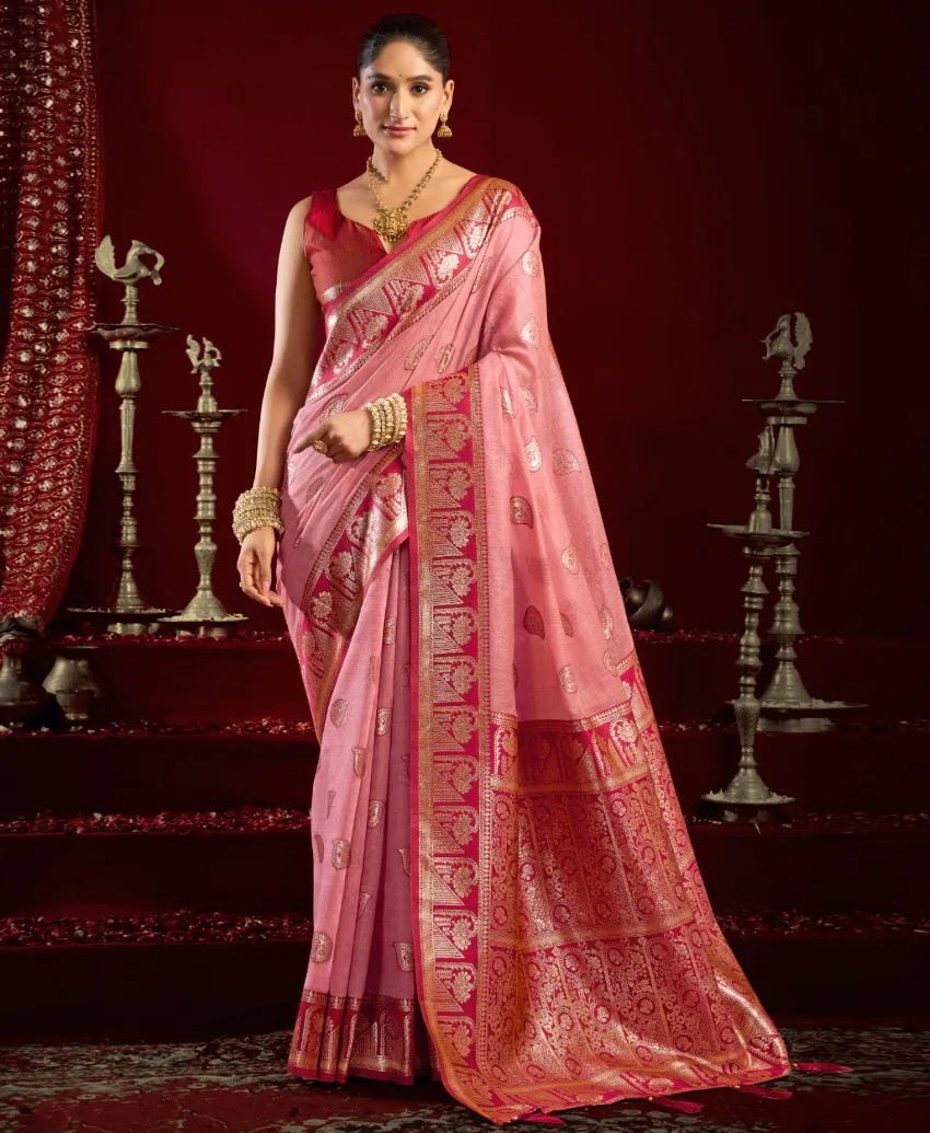 Peach Fancy Modal Banarasi Traditional Saree With Tassels