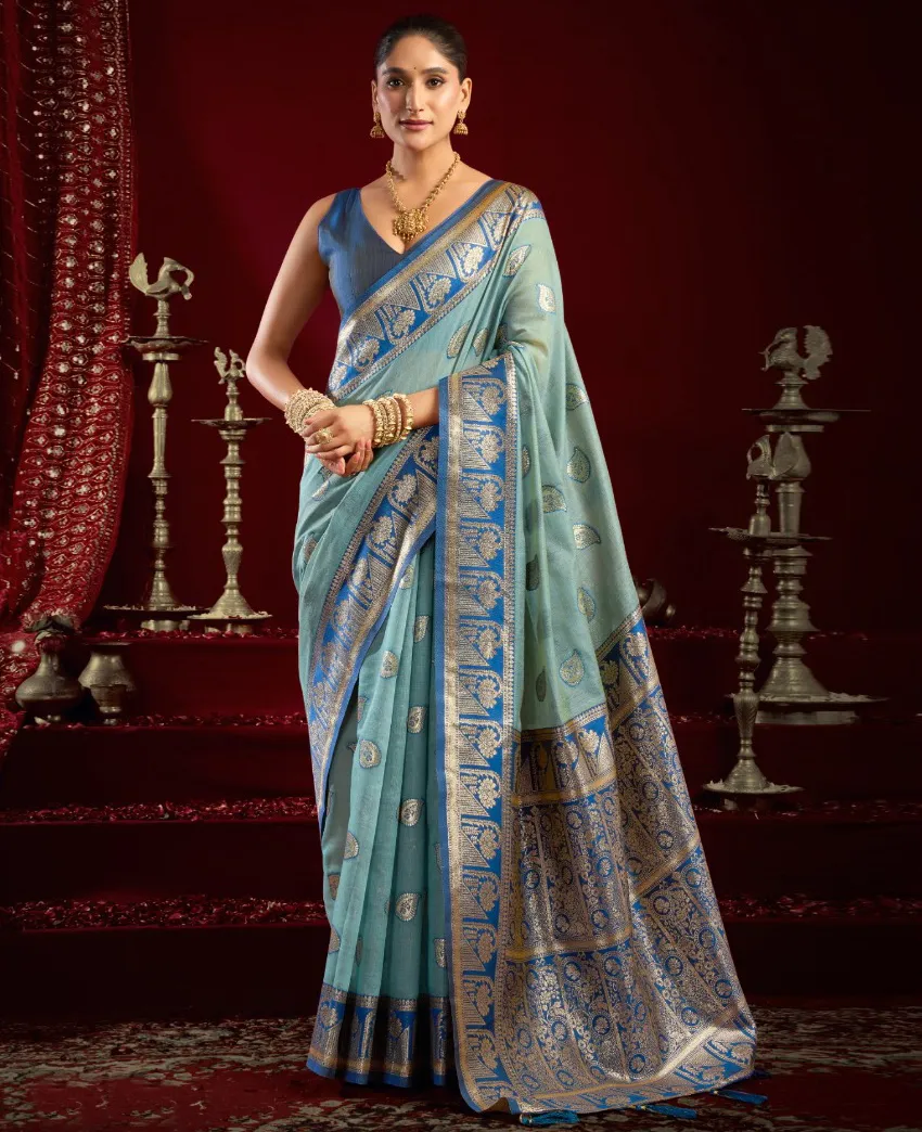 Light Blue Fancy Modal Banarasi Traditional Saree With Tassels