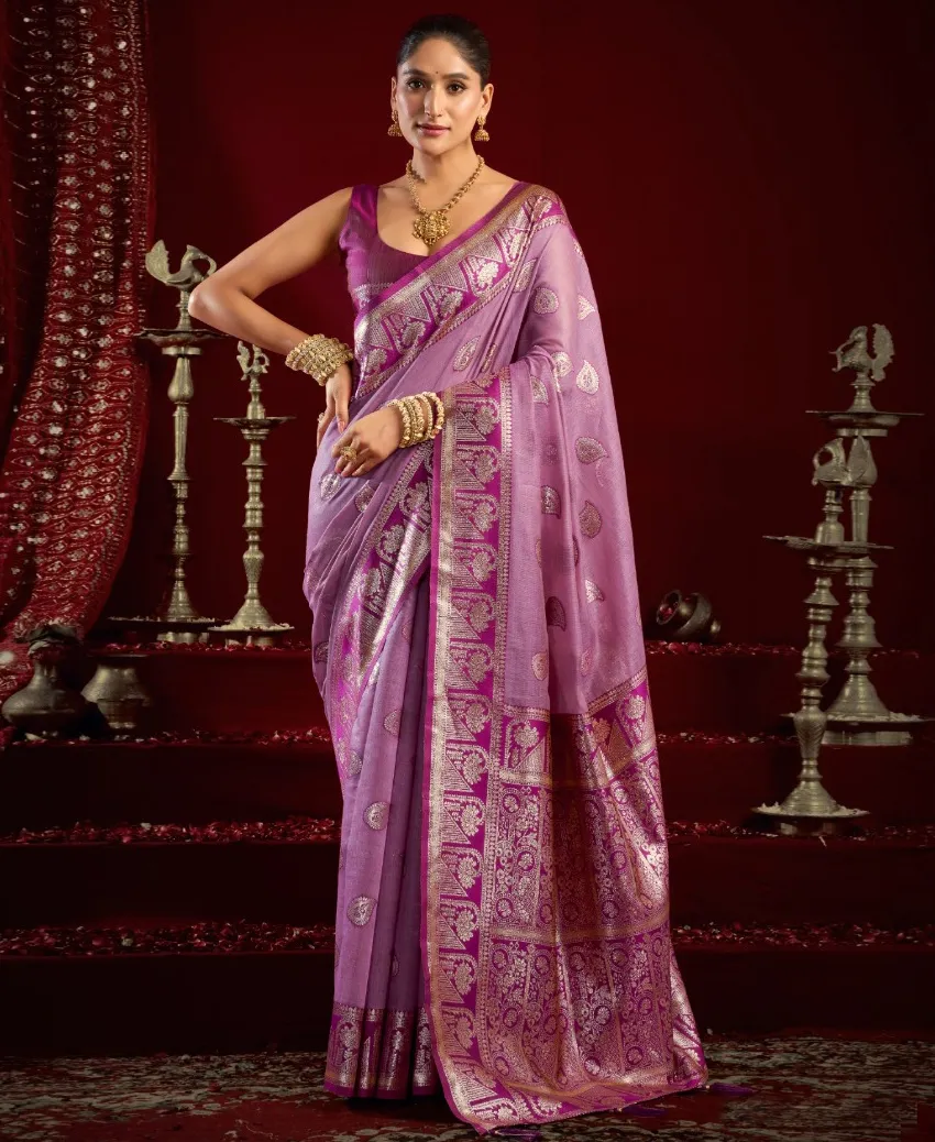 Pink Fancy Modal Banarasi Traditional Saree With Tassels