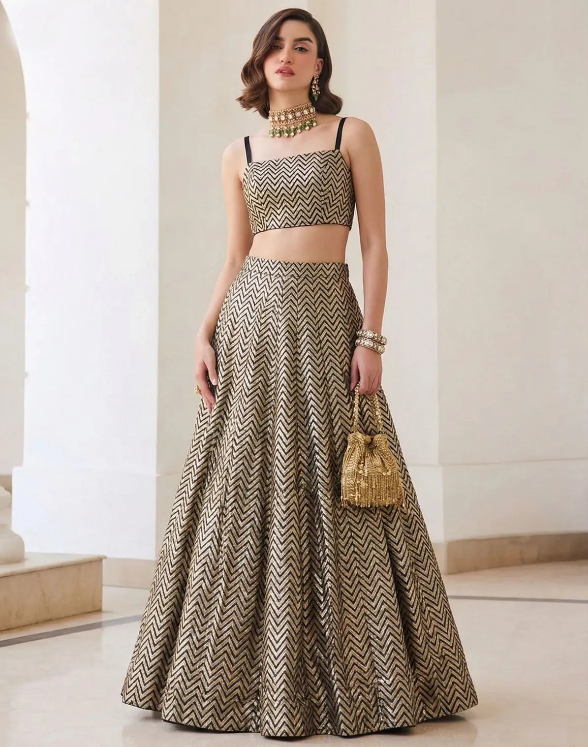 Gold And Black Soft Silk Jacquard Readymade Lehenga