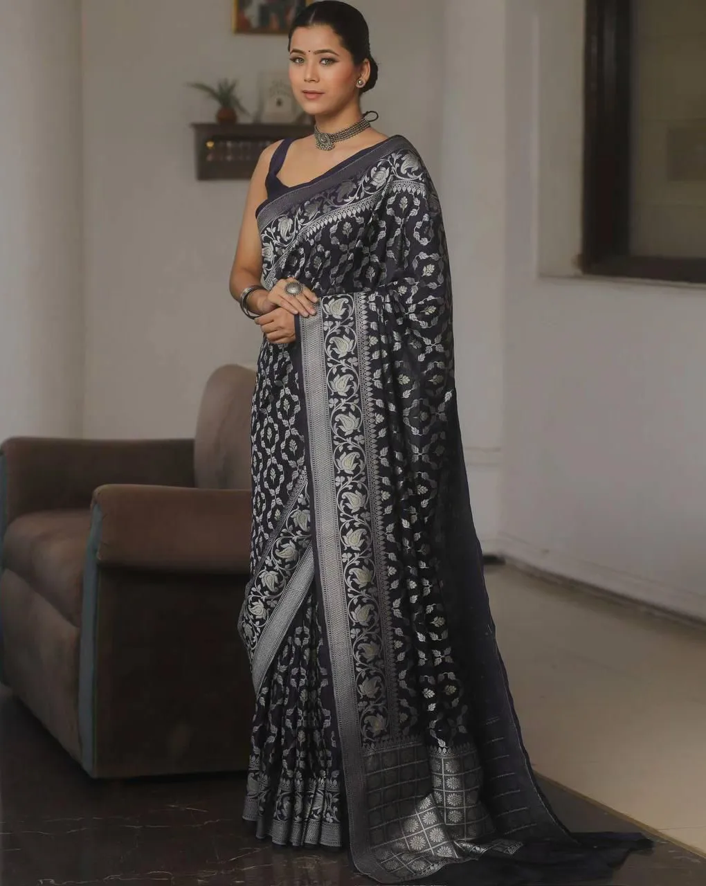 Black Lichi Silk Weaving Work Wedding Wear Saree