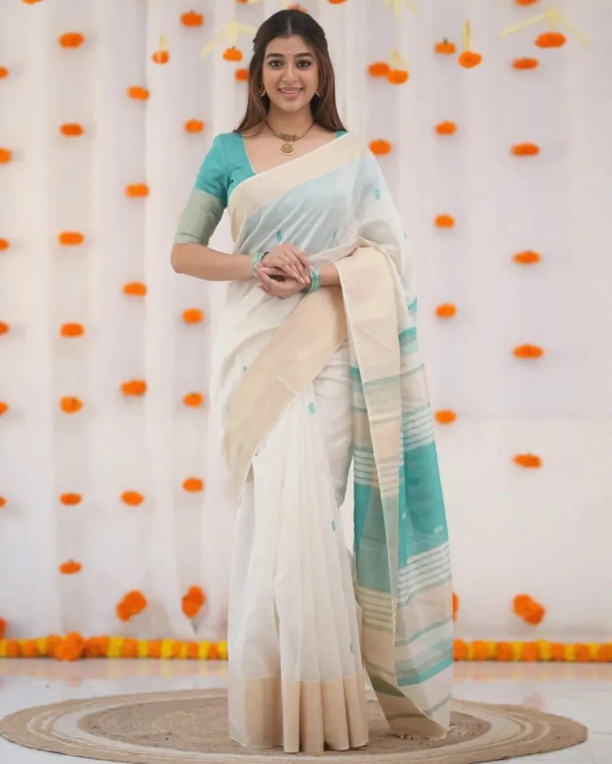 Off White And Turquoise Jacquard Work Formal Saree