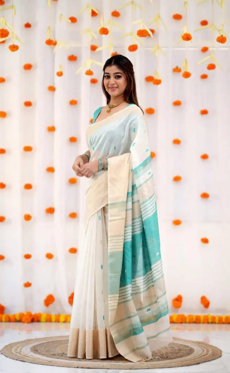 Off White And Turquoise Jacquard Work Formal Saree - Image 2